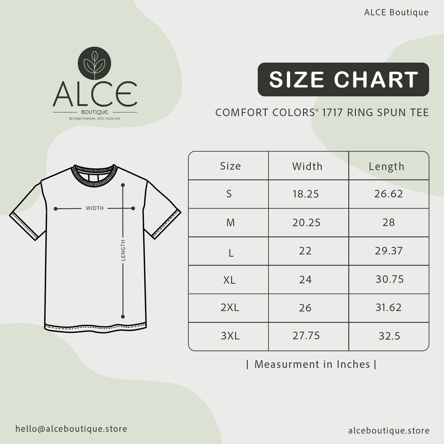 Comfort colors 1717 - Size Chart